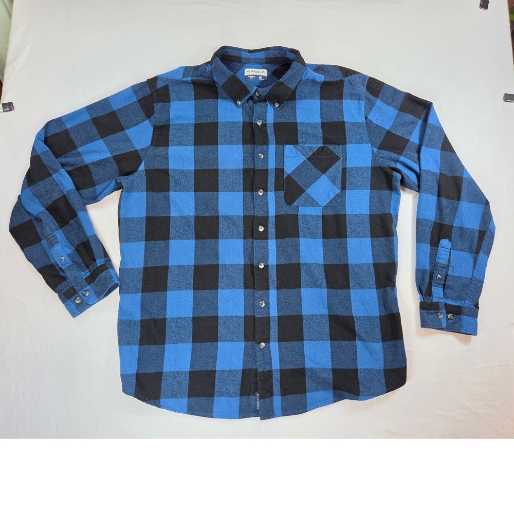 Magellan Outdoors Men Blue Black Button Down Long Sleeve Flannel Shirt 2XL Fall
